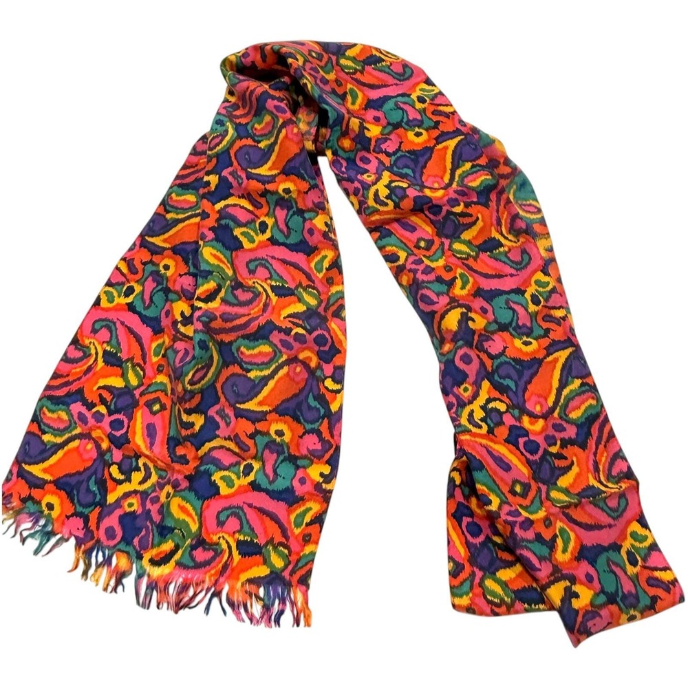 Compagnie Internationale Express Silk Scarf 1990s Paisley Multi-Color Fringe